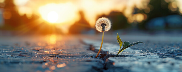 Dandelion growing through cracked pavement at sunset.
