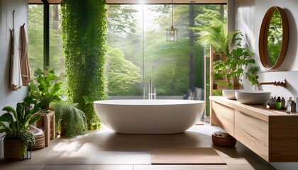 Fototapeta premium Serene Green Retreat - a minimalist bathroom that integrates eco-friendly materials. Graphic art minimalist illustration