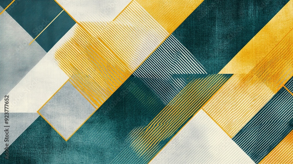 Poster abstract geometric pattern in teal and yellow colors with diagonal lines and varied shapes