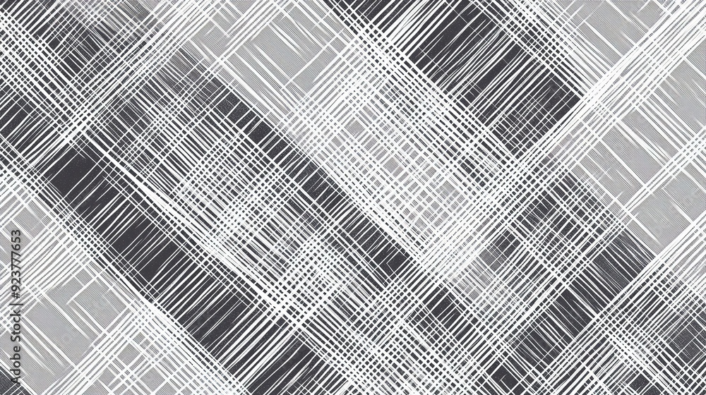 Poster abstract black and white plaid pattern with intersecting lines and varying thickness displayed on a 