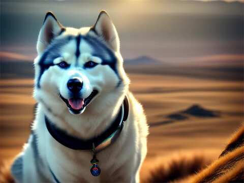 A Siberian Husky in an alien costume, standing on a sunny hilltop with a bokeh background of distant UFOs.