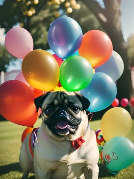 A Pug in a clown costume, playfully jumping in a sunny yard with a bokeh background of colorful balloons.