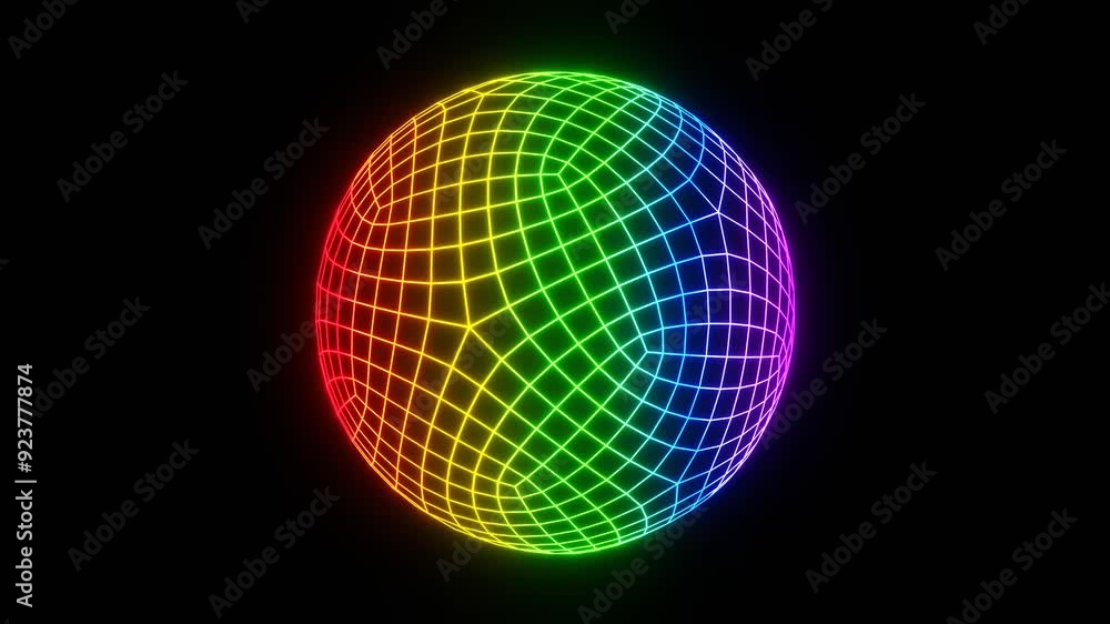 Poster 3d render of a futuristic wireframe grid cyber y2k sphere ball circle shape glowing neon rainbow on 