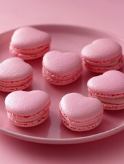 Valentine's Day Treats: Pink Heart Macarons on a Baking Sheet.