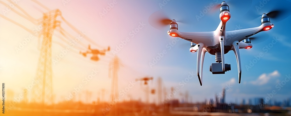 Poster a high-tech urban landscape with self-sustaining power grids and autonomous drones patrolling the sk