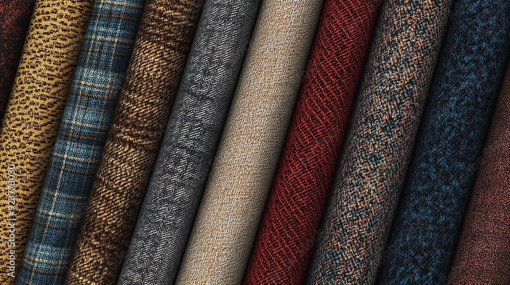 Poster various textured fabrics displayed in a horizontal arrangement showcasing rich patterns and colors