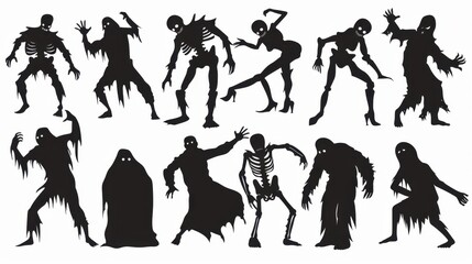 Design black silhouette illustrations of spooky Halloween frankenstein and mummy in various activities ,with bold lines and simple design, placed on a white background 