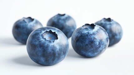 Detailed close-up of ripe blueberries with natural bloom, isolated on white background