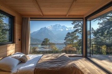 Mountain View Bedroom with a Wooden Interior