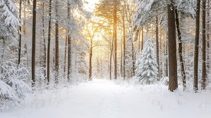 Fototapeta premium A tranquil winter path illuminated by soft sunlight in a snow-covered forest
