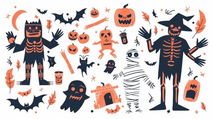Design Pop Color illustrations of spooky Halloween rankenstein and mummy in various activities ,with bold lines and simple design, placed on a white background 