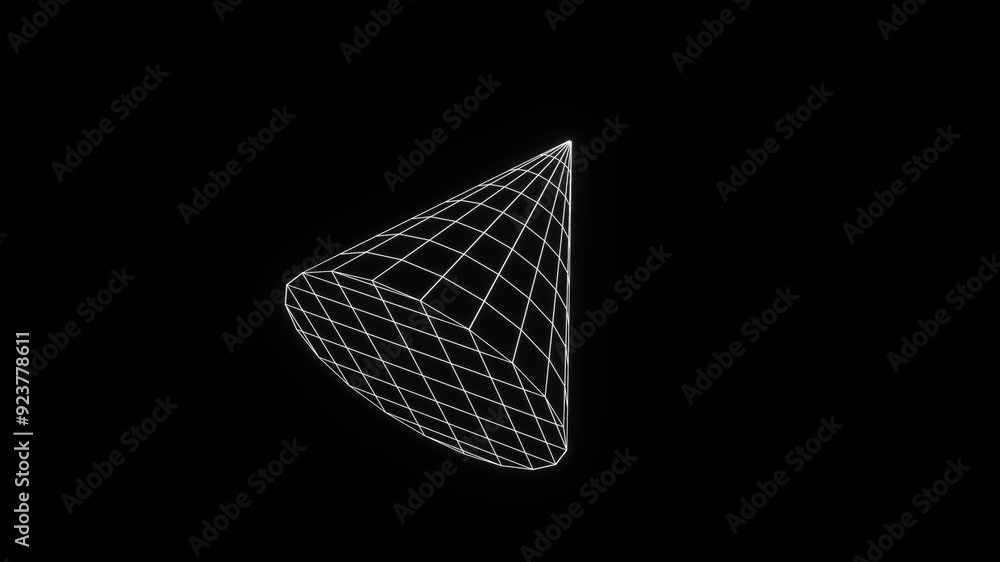 Poster 3d render of a futuristic wireframe grid cyber y2k triangle shape glowing neon white on black backgr