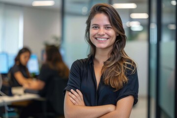 Smart high-skilled young Brazilian woman with a cheerful smile stands with arms crossed on the forefront in a modern office setting with her colleagues collaborating in the background, team synergy


