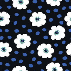 Floral seamless repeat pattern with hand drawn pretty white daisy flowers and blue spots on the black background. Vector illustration. No AI generated content in this pattern.