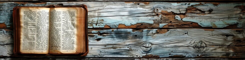 Obraz premium Open Antique Book on Weathered Wood