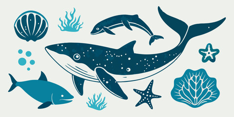 Ocean animal linocut vector set, whale grunge print, woodcut stamp, wild sea mammal silhouette. Summer marine retro collection, hand drawn underwater shark, coral, stingray. Ocean animal illustration