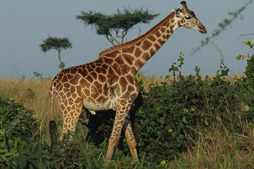 a giraffe gracefully browsing on leaves in a serene, sunlit savanna. Great for wildlife conservation campaigns and decorative wall art.