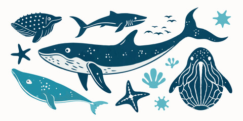Ocean animal linocut vector set, whale grunge print, woodcut stamp, wild sea mammal silhouette. Summer marine retro collection, hand drawn underwater shark, coral, stingray. Ocean animal illustration