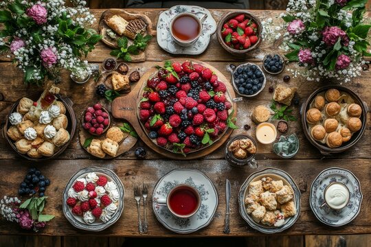 A Rustic Tea Party Table Spread with Fresh Berries and Pastries - Powered by Adobe