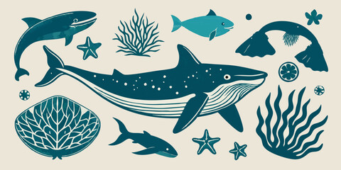 Ocean animal linocut vector set, whale grunge print, woodcut stamp, wild sea mammal silhouette. Summer marine retro collection, hand drawn underwater shark, coral, stingray. Ocean animal illustration