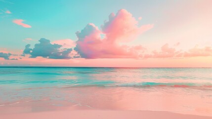 Fototapeta premium Pink sunset over a calm ocean with a sandy beach. AI generated images.