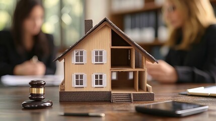 A split house model on a desk with divorce lawyers discussing property division in the background, divorce lawyer property, home ownership division