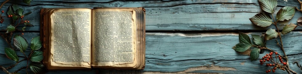 Obraz premium Open Book on Rustic Blue Wooden Table with Autumnal Accents