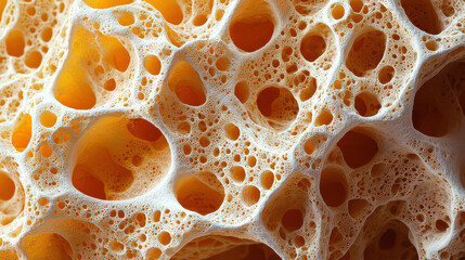 A close-up photograph showcasing the intricate, porous texture of bread, highlighting the countless small air holes that create its iconic structure and appearance.