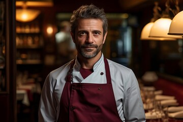 Fototapeta premium A charming chef smiles confidently in a cozy restaurant setting, showcasing culinary passion and dedication to his craft.