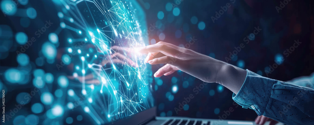 Poster a person interacts with a digital interface, showcasing technology and innovation in a futuristic se