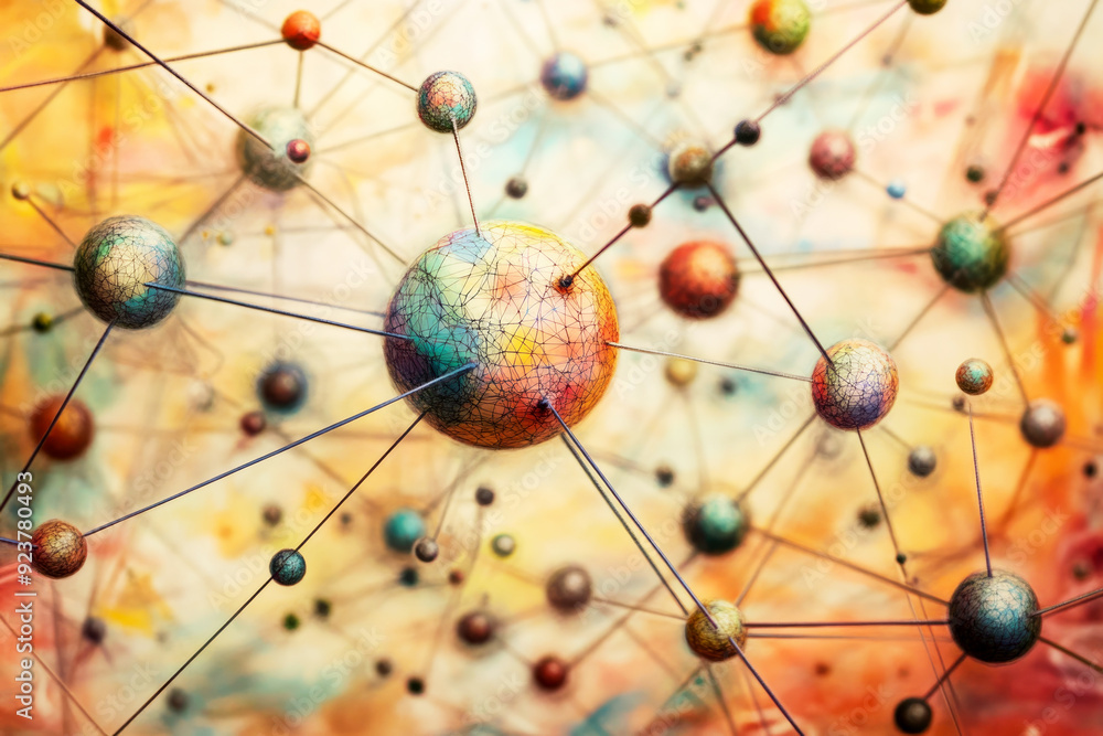 Poster a visually captivating abstract representation of a network of interconnected colorful spheres, illu