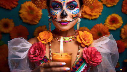 Halloween woman portrait skeleton with flowers and candle