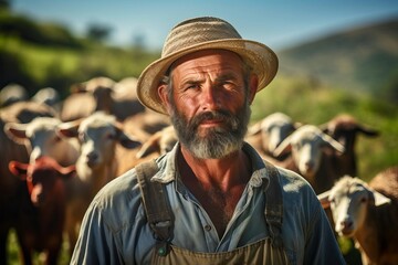 Fototapeta premium A farmer with a straw hat stands confidently in front of his flock of sheep, showcasing rural life and dedication to agriculture.