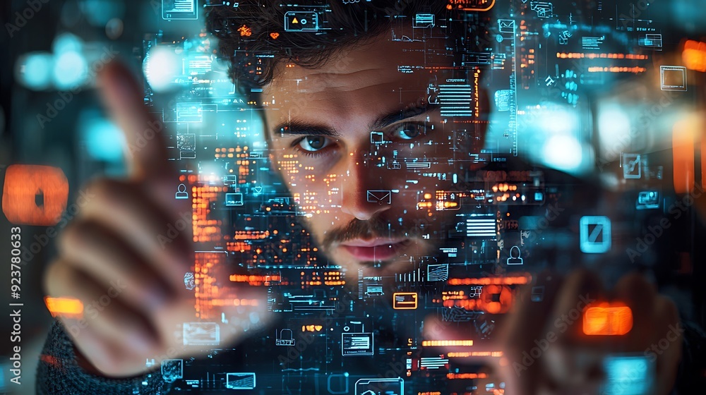 Poster businessman engaging with virtual social network screen for business and marketing concepts: a busin