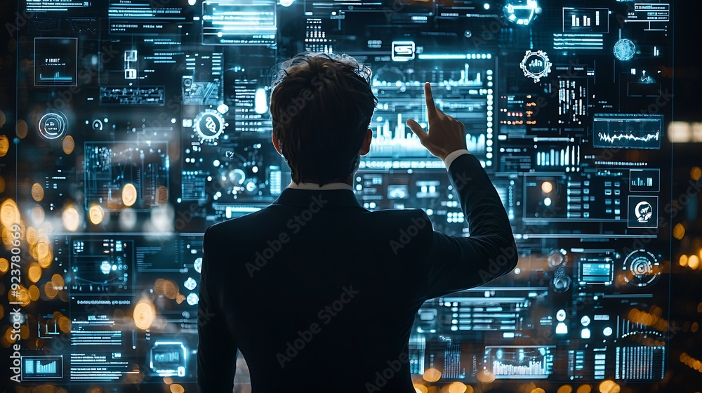 Poster businessman engaging with virtual social network screen for business and marketing concepts: a busin