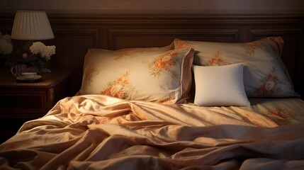 A photo of a bed with a satin bedspread
