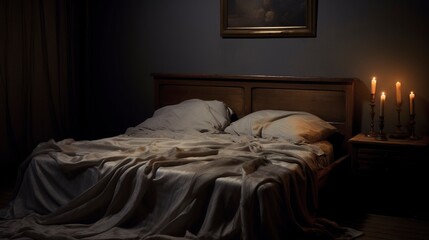A photo of a bed with a satin bedspread