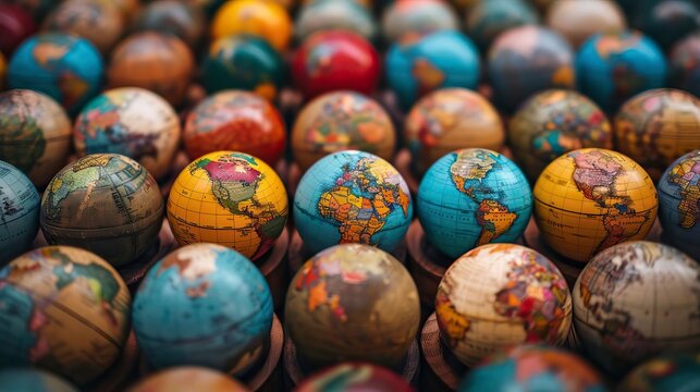 A vibrant collection of globe models showcasing various world maps in detailed and colorful designs.