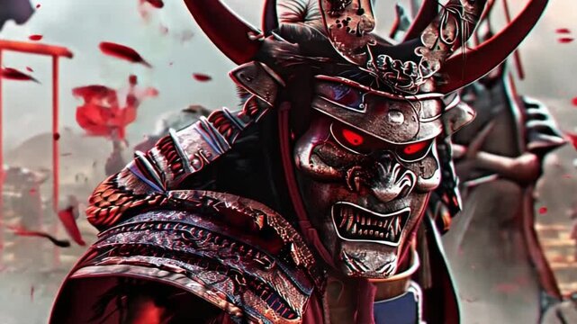 Samurai Warrior Wearing Oni Mask Sakura Petals Falling Around Him
