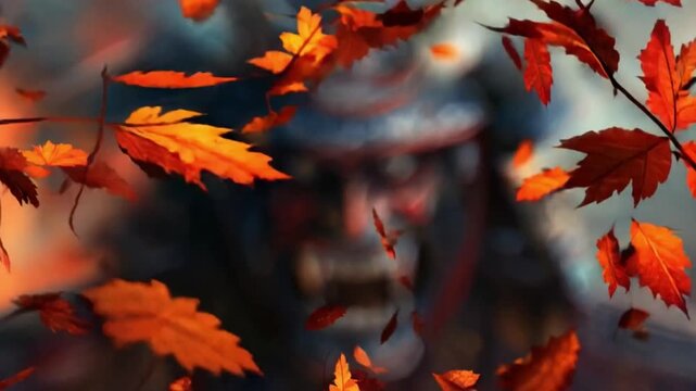 Samurai Warrior Wearing Oni Mask Autumn Leaves Surrounding Him