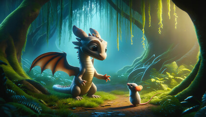 Spirited dragon hatchling and curious mouse play in a mystical forest, highlighting unexpected friendships.