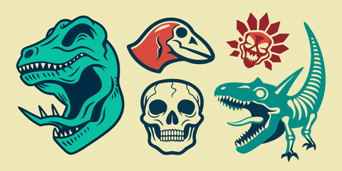 Dinosaur skeleton linocut print set, tattoo dino skull, vector prehistoric archaeology fossil icon. Jurassic reptile engraving sticker, triceratops silhouette, reptor head. Dinosaur skeleton woodcut  © VectorVibe
