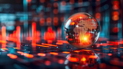 Futuristic globe highlighting digital connections with orange elements, symbolizing global technology and data analysis.