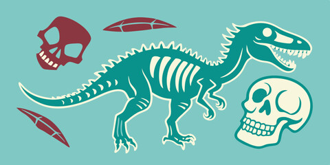 Dinosaur skeleton linocut print set, tattoo dino skull, vector prehistoric archaeology fossil icon. Jurassic reptile engraving sticker, triceratops silhouette, reptor head. Dinosaur skeleton woodcut  © VectorVibe