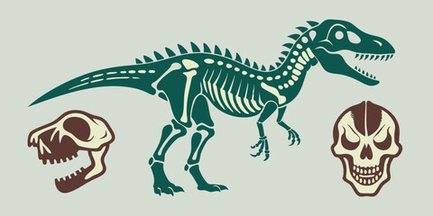 Dinosaur skeleton linocut print set, tattoo dino skull, vector prehistoric archaeology fossil icon. Jurassic reptile engraving sticker, triceratops silhouette, reptor head. Dinosaur skeleton woodcut  © VectorVibe