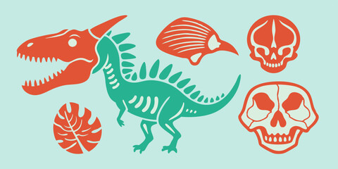 Dinosaur skeleton linocut print set, tattoo dino skull, vector prehistoric archaeology fossil icon. Jurassic reptile engraving sticker, triceratops silhouette, reptor head. Dinosaur skeleton woodcut  © VectorVibe