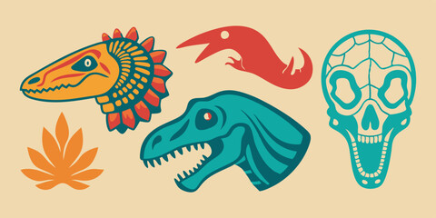 Dinosaur skeleton linocut print set, tattoo dino skull, vector prehistoric archaeology fossil icon. Jurassic reptile engraving sticker, triceratops silhouette, reptor head. Dinosaur skeleton woodcut  © VectorVibe