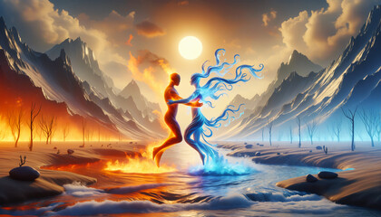 Mystical dance between fire spirit and water guardian where a river meets a desert, celebrating unity of opposing forces.