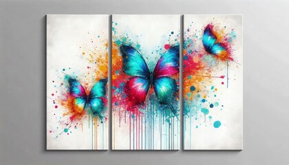 A beautiful image of Triptych Art of Elegant vibrant butterfly abstract wall art panels with colorful splashes with white background