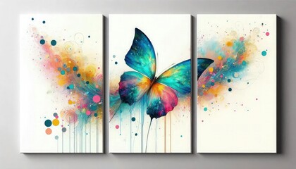 A beautiful image of Triptych Art of Elegant vibrant butterfly abstract wall art panels with colorful splashes with white background